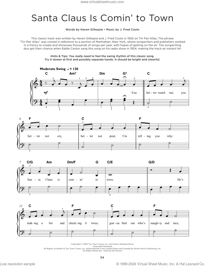 Santa Claus Is Comin' To Town sheet music for piano solo by J. Fred Coots and Haven Gillespie, beginner skill level