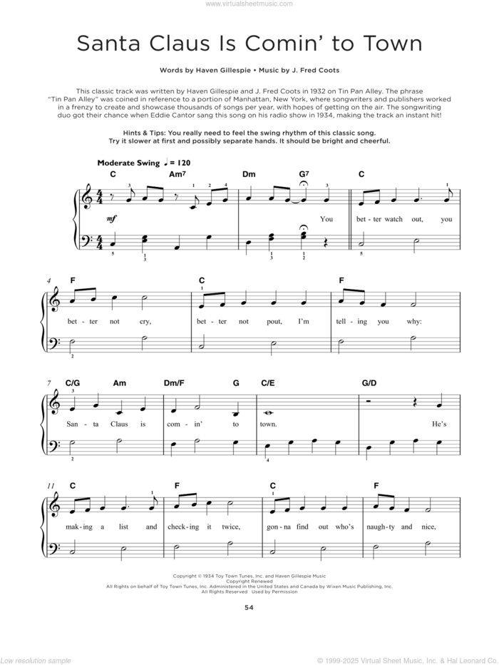 Santa Claus Is Comin' To Town sheet music for piano solo by J. Fred Coots and Haven Gillespie, beginner skill level