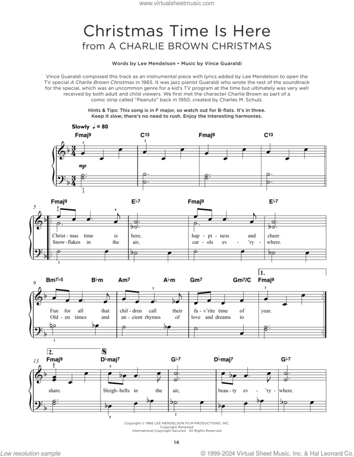 Christmas Time Is Here sheet music for piano solo by Vince Guaraldi and Lee Mendelson, beginner skill level