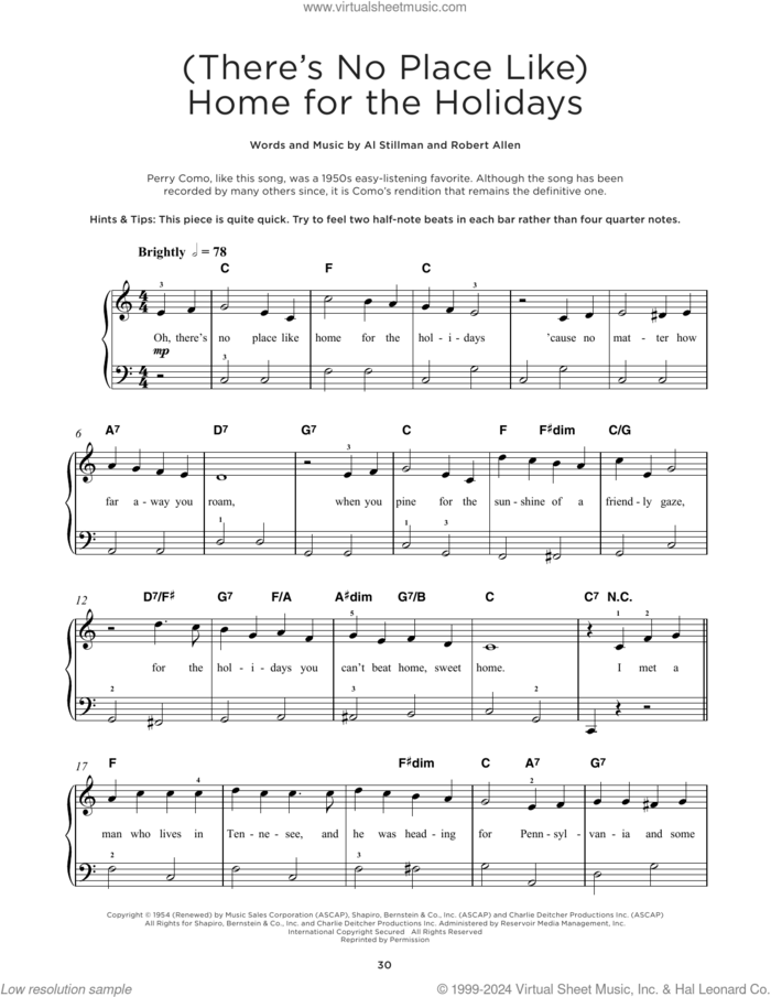 (There's No Place Like) Home For The Holidays sheet music for piano solo by Perry Como, Al Stillman and Robert Allen, beginner skill level