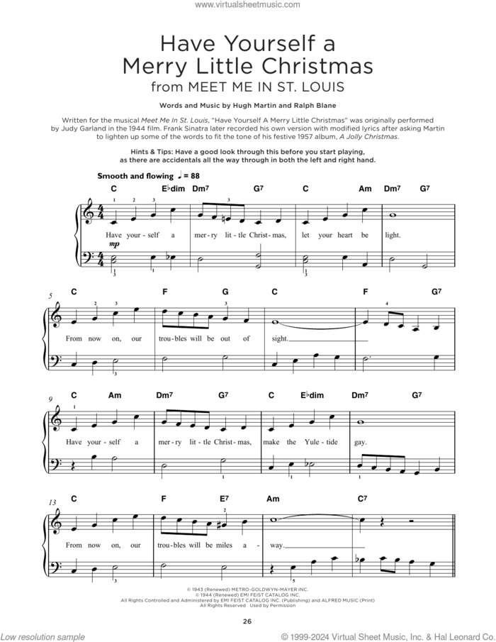 Have Yourself A Merry Little Christmas sheet music for piano solo by Frank Sinatra, Hugh Martin and Ralph Blane, beginner skill level