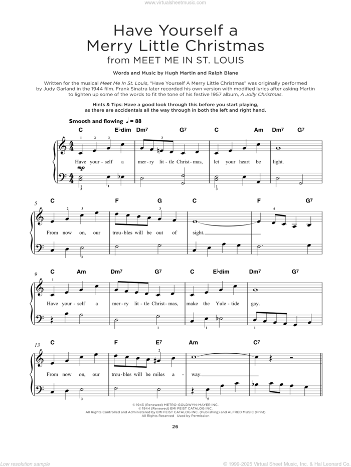 Have Yourself A Merry Little Christmas sheet music for piano solo by Frank Sinatra, Hugh Martin and Ralph Blane, beginner skill level