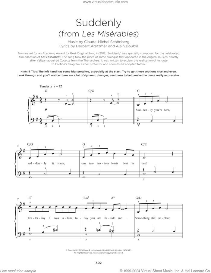 Suddenly (from Les Miserables) sheet music for piano solo by Boublil & Schonberg, Alain Boublil, Claude-Michel Schonberg and Herbert Kretzmer, beginner skill level