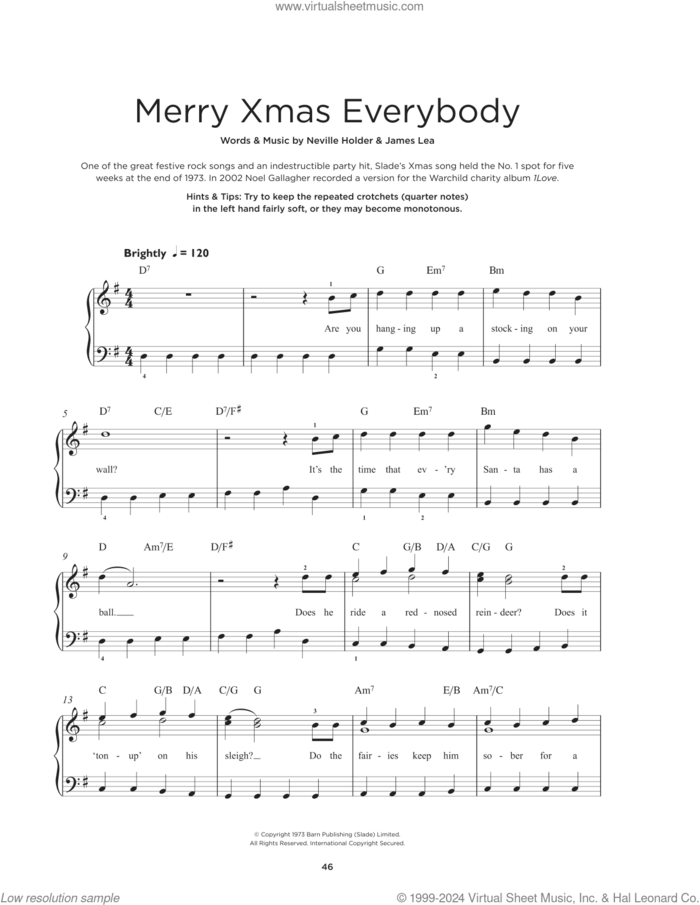 Merry Xmas Everybody, (beginner) sheet music for piano solo by Slade, Jim Lea and Neville Holder, beginner skill level