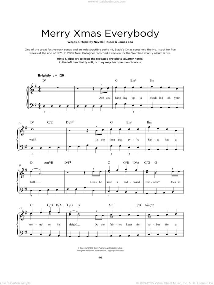 Merry Xmas Everybody, (beginner) sheet music for piano solo by Slade, Jim Lea and Neville Holder, beginner skill level