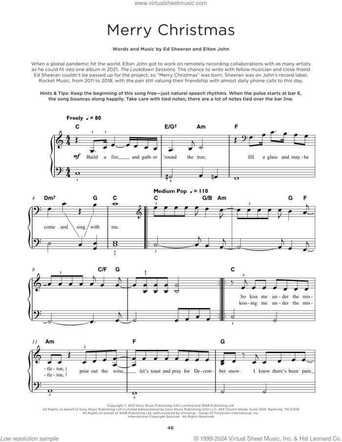 Merry Christmas, (beginner) sheet music for piano solo by Ed Sheeran & Elton John, Ed Sheeran and Elton John, beginner skill level