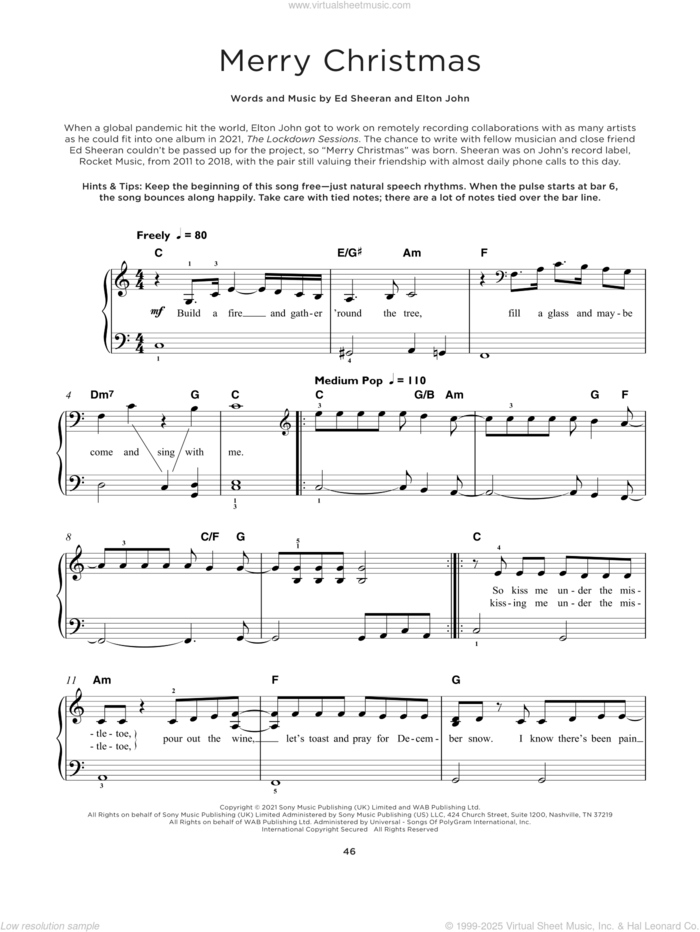 Merry Christmas, (beginner) sheet music for piano solo by Ed Sheeran & Elton John, Ed Sheeran and Elton John, beginner skill level