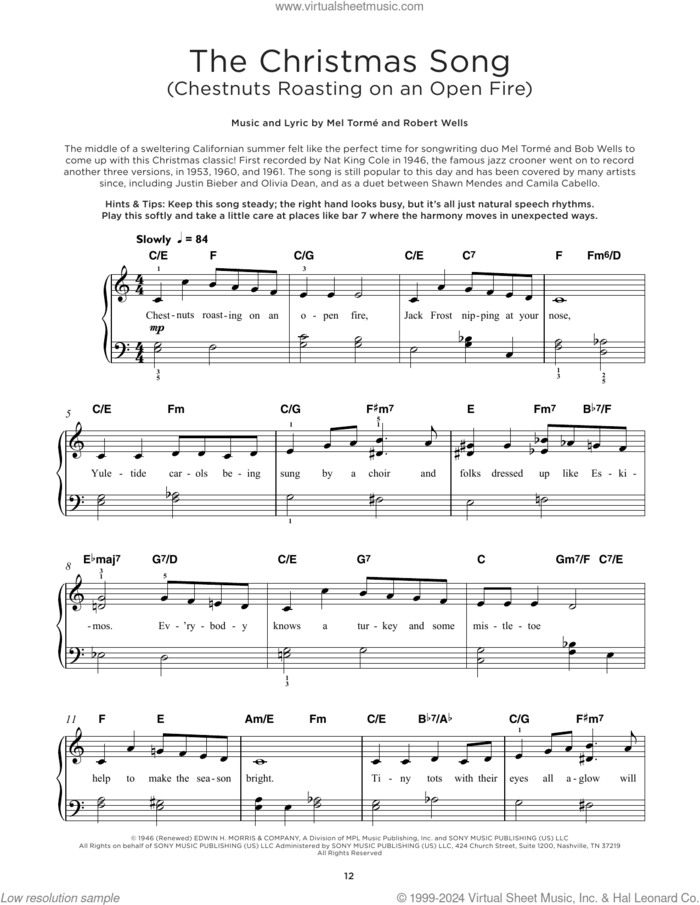 The Christmas Song (Chestnuts Roasting On An Open Fire), (beginner) (Chestnuts Roasting On An Open Fire) sheet music for piano solo by Mel Torme, King Cole Trio, Michael Buble and Robert Wells, beginner skill level