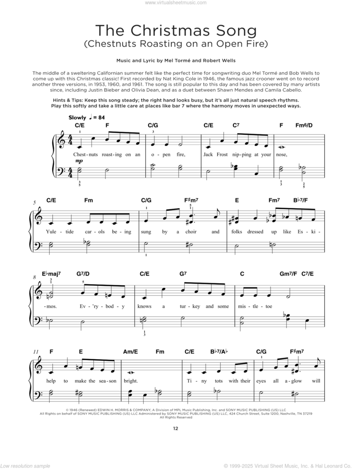 The Christmas Song (Chestnuts Roasting On An Open Fire), (beginner) (Chestnuts Roasting On An Open Fire) sheet music for piano solo by Mel Torme, King Cole Trio, Michael Buble and Robert Wells, beginner skill level