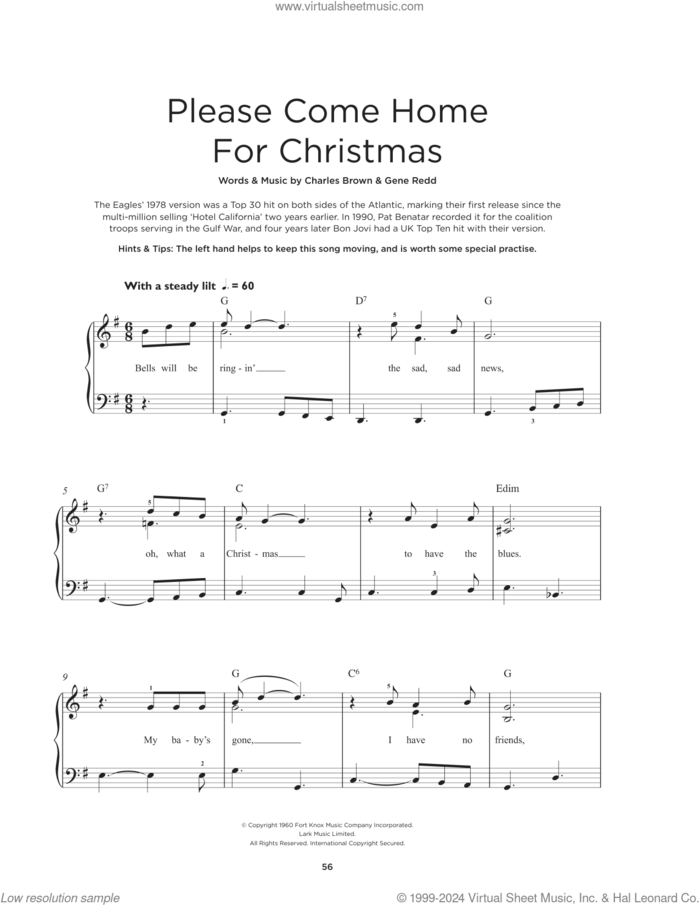 Please Come Home For Christmas sheet music for piano solo by Charles Brown, Josh Gracin, Martina McBride, The Eagles, Willie Nelson and Gene Redd, beginner skill level