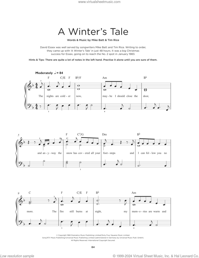 A Winter's Tale sheet music for piano solo by David Essex, Mike Batt and Tim Rice, beginner skill level