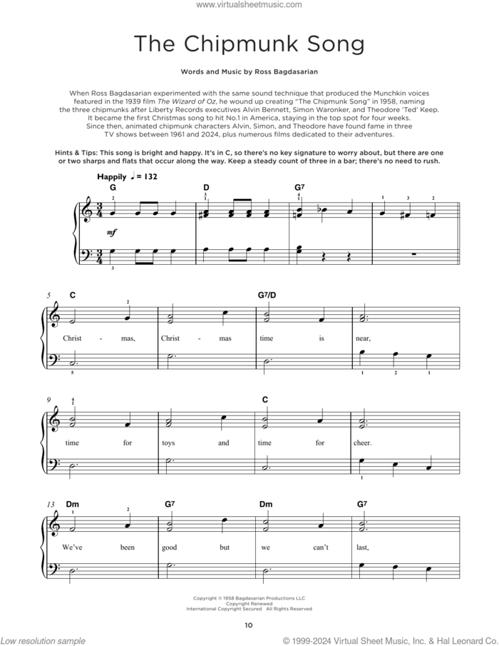 The Chipmunk Song sheet music for piano solo by Alvin And The Chipmunks, The Chipmunks and Ross Bagdasarian, beginner skill level