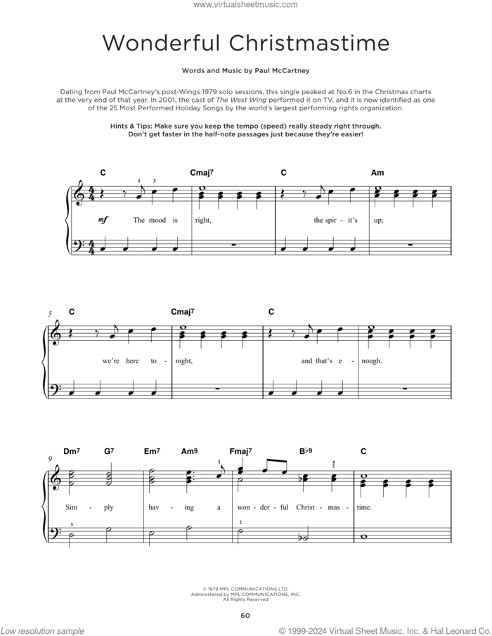 Wonderful Christmastime sheet music for piano solo by Paul McCartney, beginner skill level