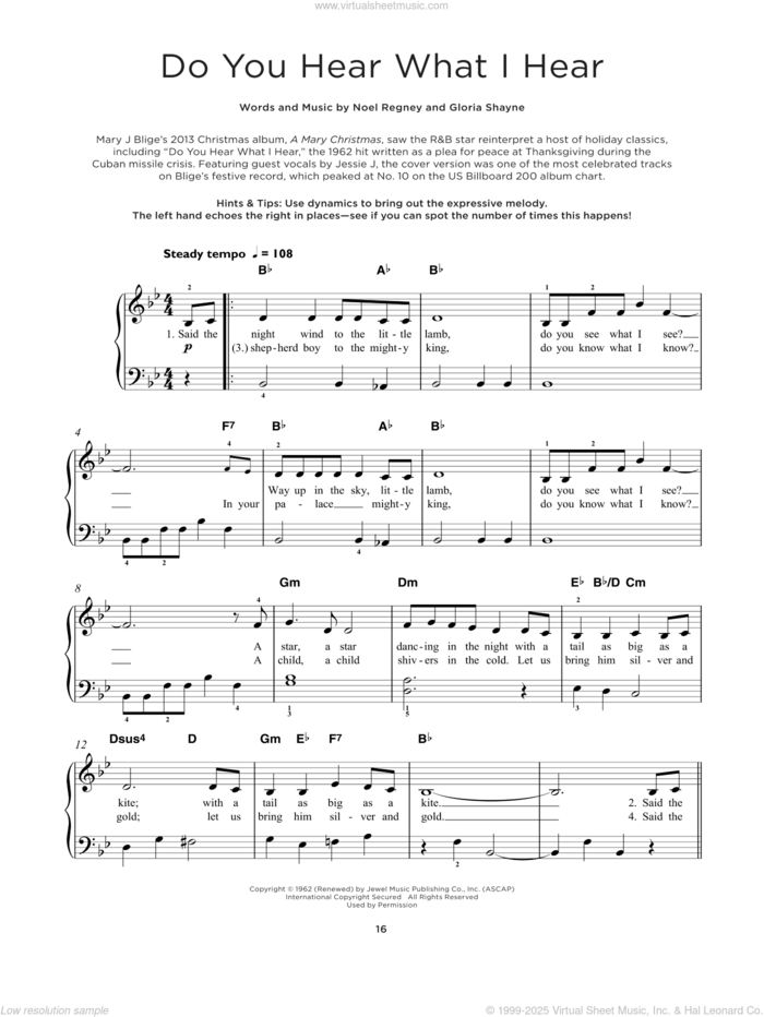 Do You Hear What I Hear sheet music for piano solo by Gloria Shayne and Noel Regney, beginner skill level