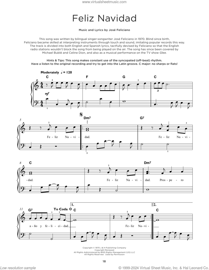 Feliz Navidad sheet music for piano solo by Jose Feliciano, beginner skill level