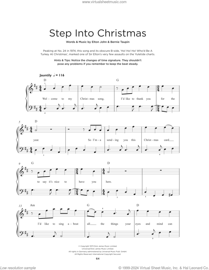 Step Into Christmas, (beginner) sheet music for piano solo by Elton John and Bernie Taupin, beginner skill level