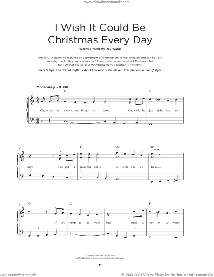 I Wish It Could Be Christmas Every Day sheet music for piano solo by Wizzard and Roy Wood, beginner skill level