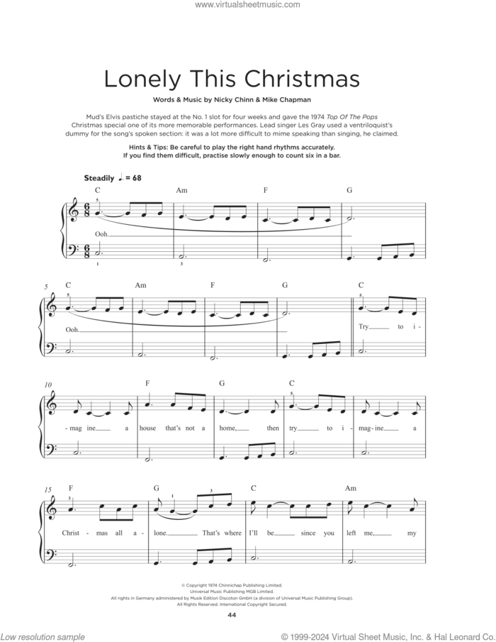 Lonely This Christmas, (beginner) sheet music for piano solo by Mud, Mike Chapman and Nicky Chinn, beginner skill level