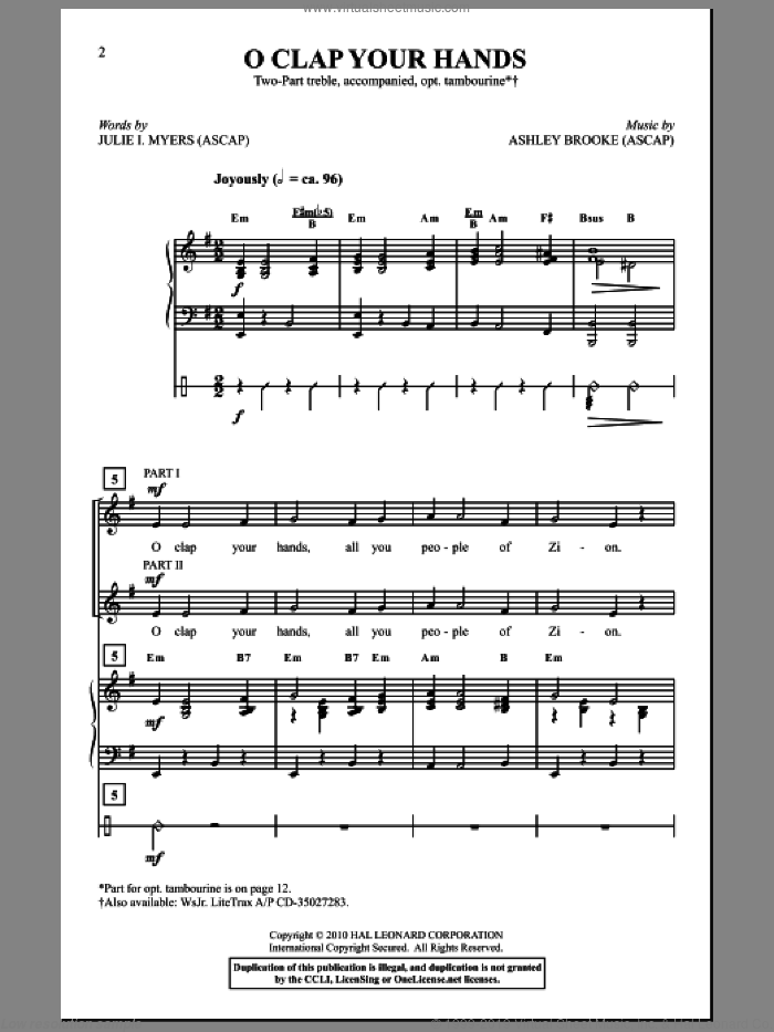 O Clap Your Hands sheet music for choir (2-Part) by Julie I. Myers and Ashley Brooke, intermediate duet