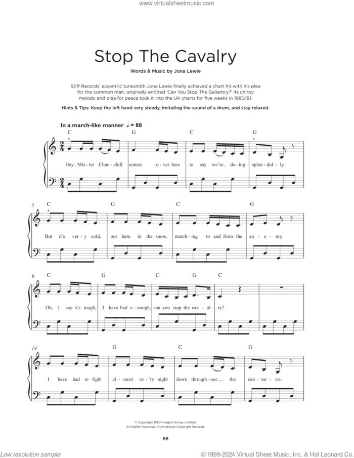 Stop The Cavalry sheet music for piano solo by Jona Lewie, beginner skill level