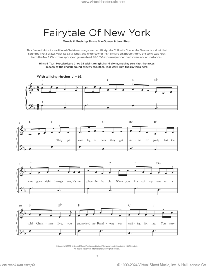 Fairytale Of New York, (beginner) sheet music for piano solo by The Pogues & Kirsty MacColl, Jeremy Finer and Shane MacGowan, beginner skill level