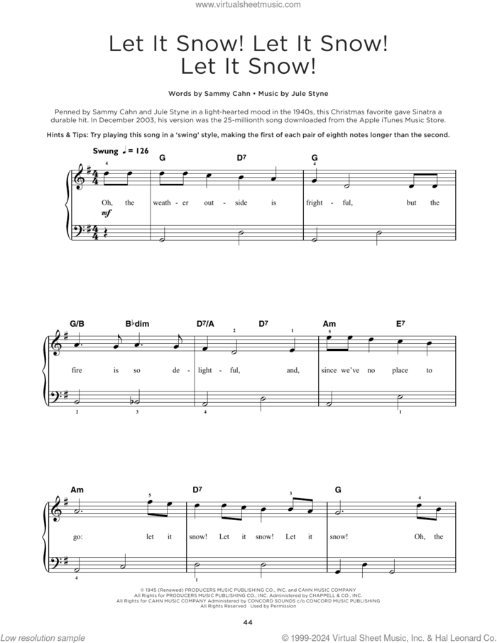 Let It Snow! Let It Snow! Let It Snow! sheet music for piano solo by Sammy Cahn, Dean Martin, Frank Sinatra, Joe Nichols, Michael Buble and Jule Styne, beginner skill level