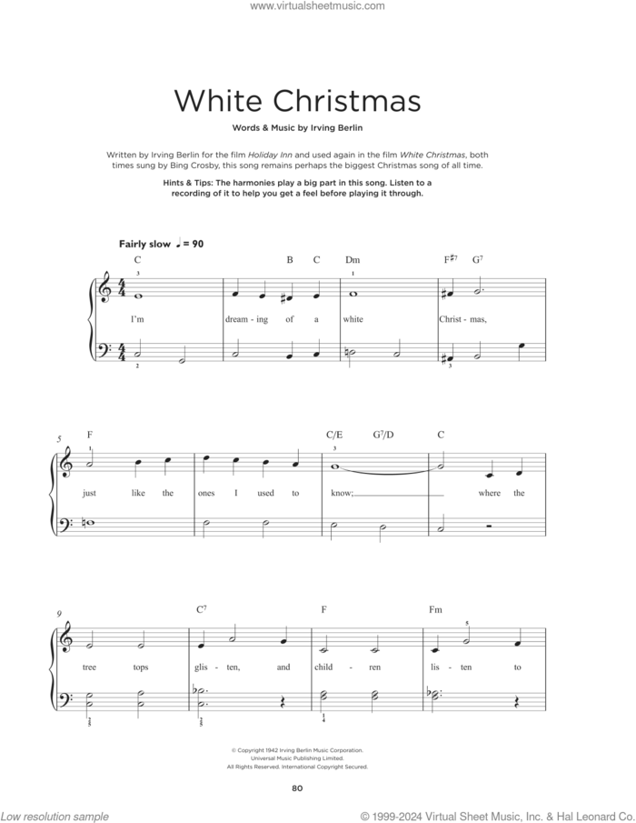 White Christmas sheet music for piano solo by Irving Berlin and Bing Crosby, beginner skill level