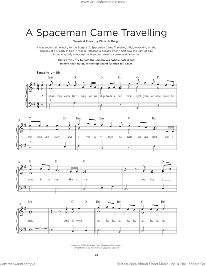 A Spaceman Came Travelling, (beginner) sheet music for piano solo by Chris de Burgh, beginner skill level