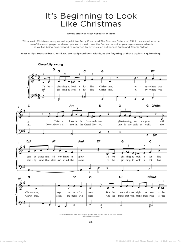 It's Beginning To Look Like Christmas sheet music for piano solo by Meredith Willson, beginner skill level
