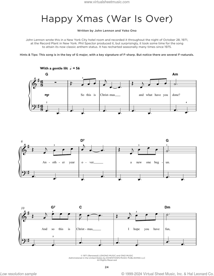 Happy Xmas (War Is Over) sheet music for piano solo by John Lennon, John & Yoko Ono w/Harlem Comm., Sarah McLachlan and Yoko Ono, beginner skill level