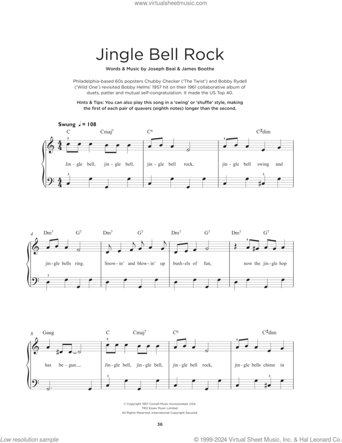 Jingle Bell Rock sheet music for piano solo by Bobby Helms, Aaron Tippin, Rascal Flatts, Jim Boothe and Joe Beal, beginner skill level