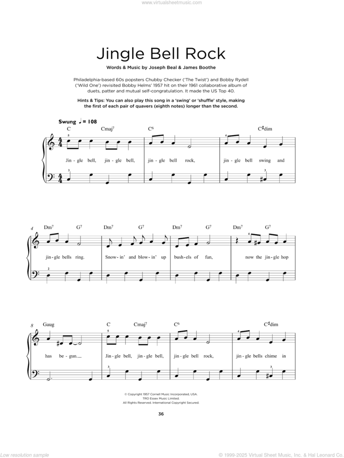 Jingle Bell Rock sheet music for piano solo by Bobby Helms, Aaron Tippin, Rascal Flatts, Jim Boothe and Joe Beal, beginner skill level