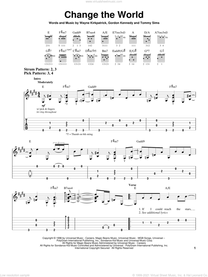 Change The World sheet music for guitar solo (easy tablature) by Eric Clapton, Gordon Kennedy, Tommy Sims and Wayne Kirkpatrick, easy guitar (easy tablature)