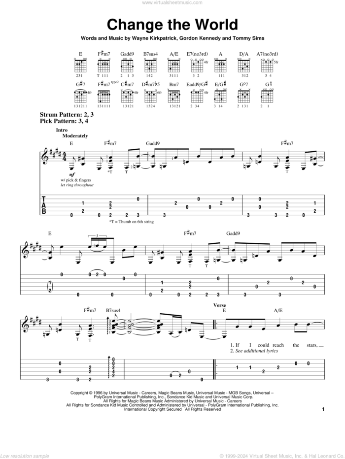 Change The World sheet music for guitar solo (easy tablature) by Eric Clapton, Gordon Kennedy, Tommy Sims and Wayne Kirkpatrick, easy guitar (easy tablature)