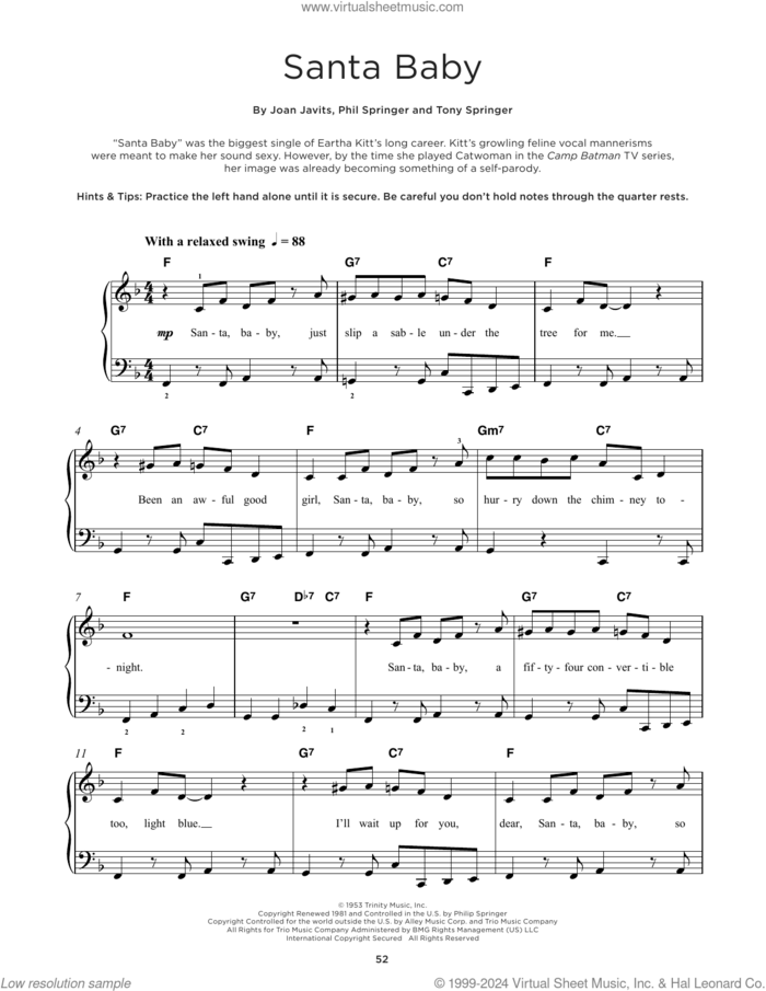 Santa Baby sheet music for piano solo by Eartha Kitt, Joan Javits, Phil Springer and Tony Springer, beginner skill level