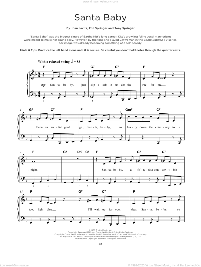 Santa Baby sheet music for piano solo by Eartha Kitt, Joan Javits, Phil Springer and Tony Springer, beginner skill level