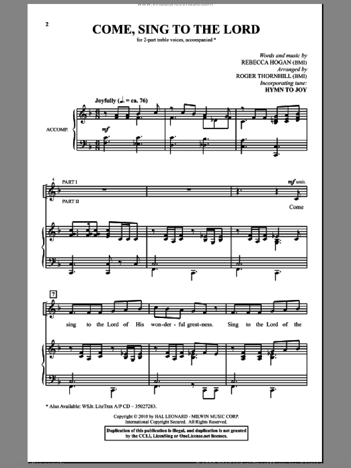 Come, Sing To The Lord sheet music for choir (2-Part) by Rebecca Hogan and Roger Thornhill, intermediate duet