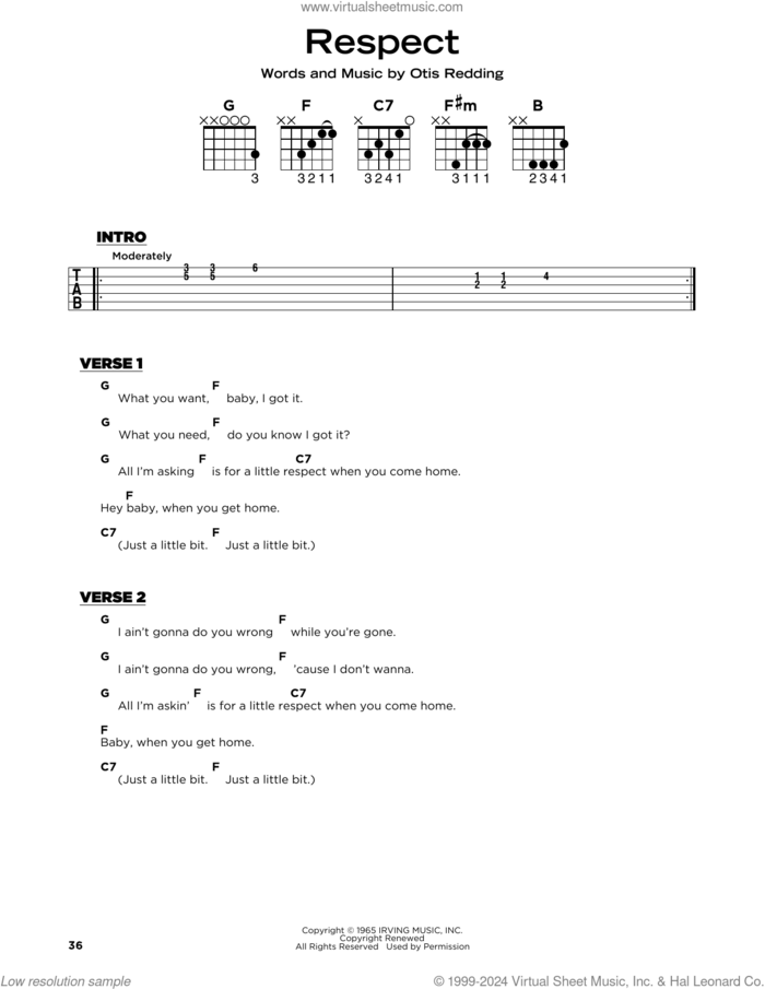 Respect sheet music for guitar solo by Aretha Franklin and Otis Redding, beginner skill level