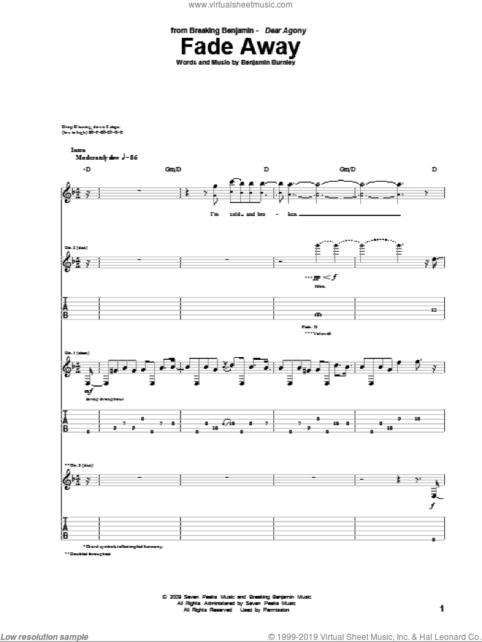 Fade Away sheet music for guitar (tablature) by Breaking Benjamin and Benjamin Burnley, intermediate skill level
