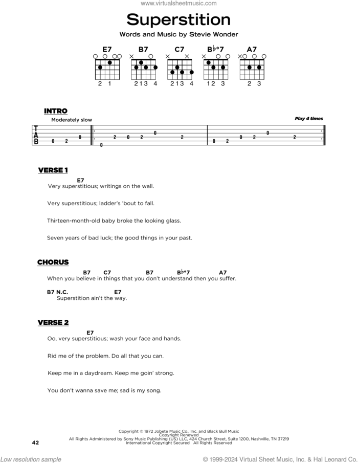 Superstition sheet music for guitar solo by Stevie Wonder and Stevie Ray Vaughan, beginner skill level