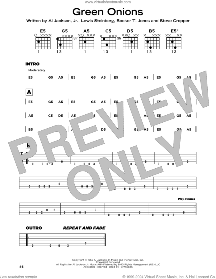 Green Onions sheet music for guitar solo by Booker T. & The MG's, Al Jackson, Jr., Booker T. Jones, Lewis Steinberg and Steve Cropper, beginner skill level