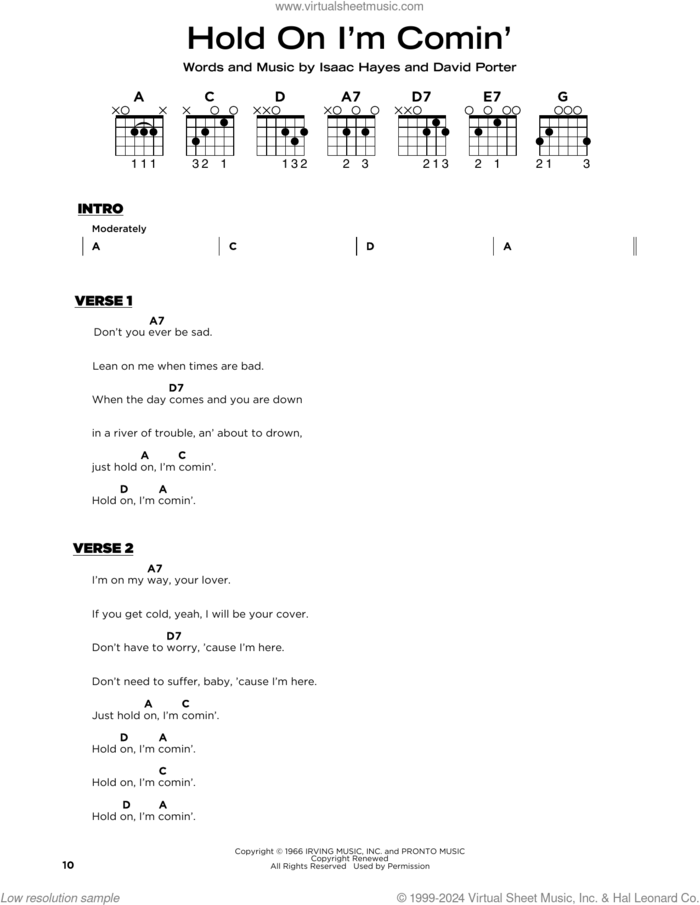 Hold On I'm Comin' sheet music for guitar solo by Sam & Dave, B.B. King & Eric Clapton, David Porter and Isaac Hayes, beginner skill level