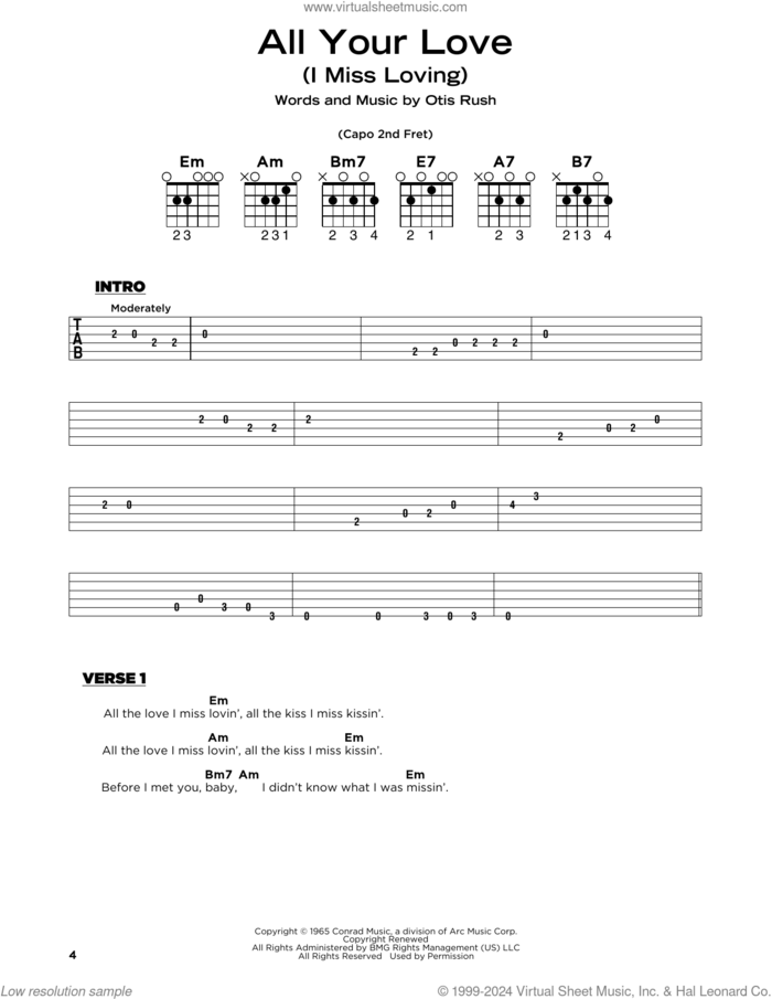 All Your Love (I Miss Loving) sheet music for guitar solo by Otis Rush and Eric Clapton, beginner skill level