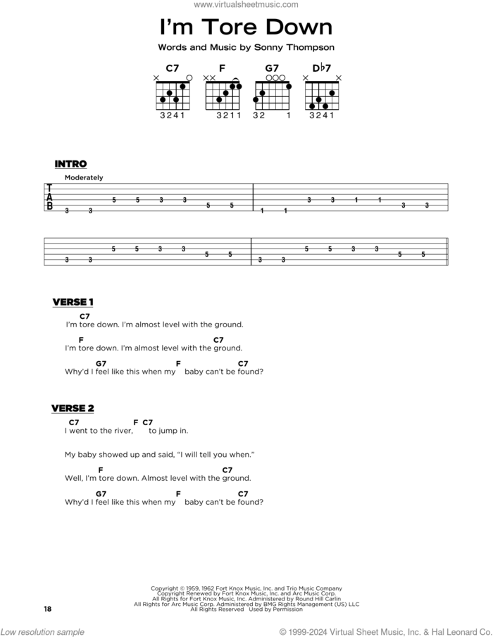 I'm Tore Down sheet music for guitar solo by Eric Clapton, Freddie King and Sonny Thompson, beginner skill level