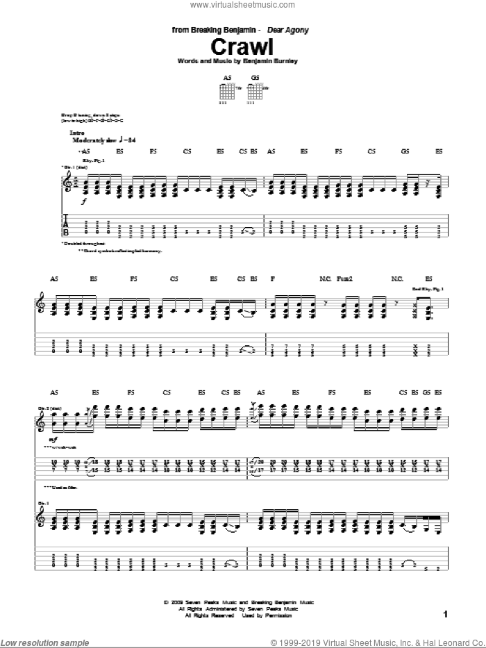 Crawl sheet music for guitar (tablature) by Breaking Benjamin and Benjamin Burnley, intermediate skill level