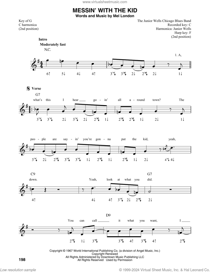 Messin' With The Kid sheet music for harmonica solo by Buddy Guy & Junior Wells and Mel London, intermediate skill level