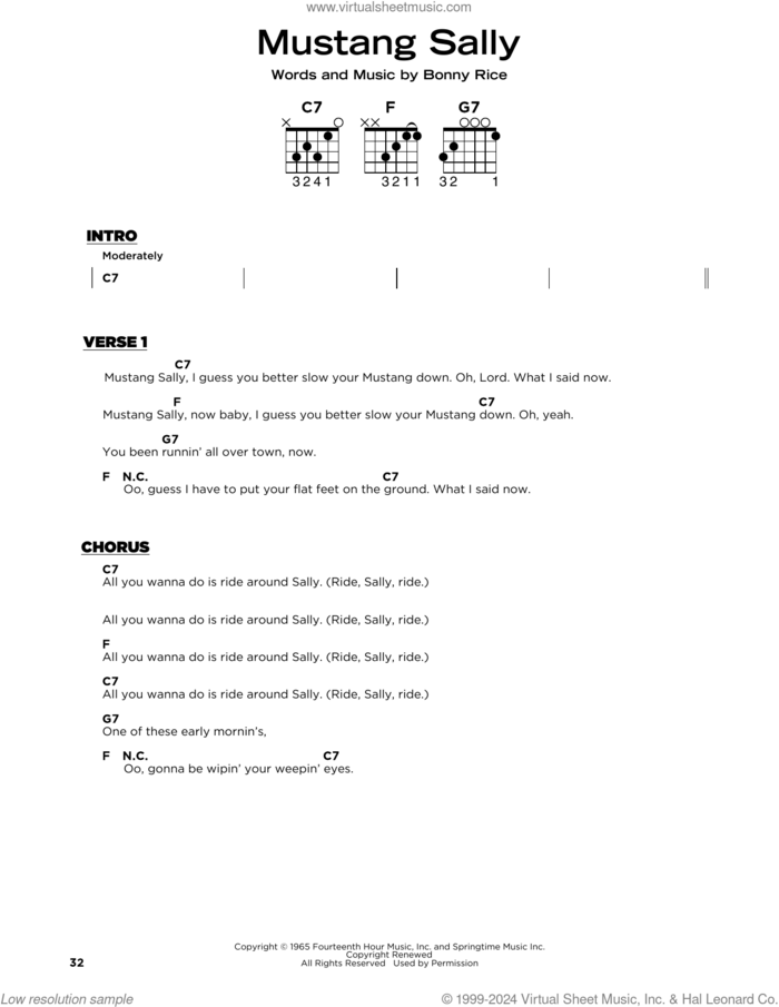 Mustang Sally sheet music for guitar solo by Wilson Pickett, Buddy Guy, The Commitments and Bonny Rice, beginner skill level