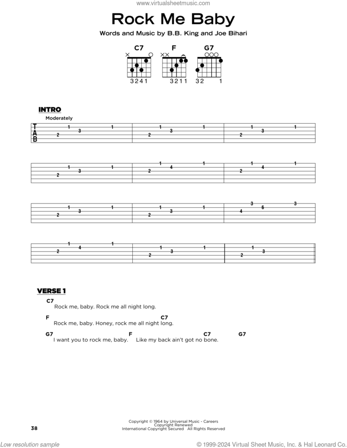 Rock Me Baby sheet music for guitar solo by B.B. King, Johnny Winter and Joe Bihari, beginner skill level