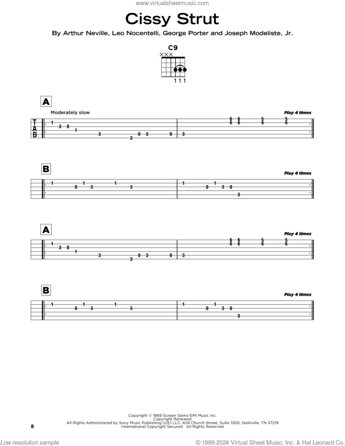 Cissy Strut sheet music for guitar solo by The Meters, Arthur Neville, George Porter, Joseph Modeliste, Jr. and Leo Nocentelli, beginner skill level