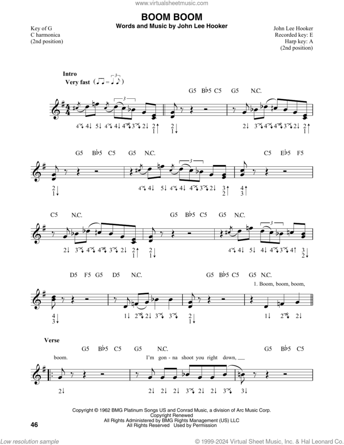 Boom Boom sheet music for harmonica solo by John Lee Hooker, Big Head Todd & The Monsters, Eric Clapton and The Animals, intermediate skill level